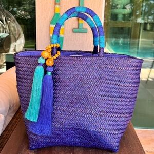 Blue Straw Tote Bag – Handmade Boho Purse, Beach Bag, Summer Woven Handbag